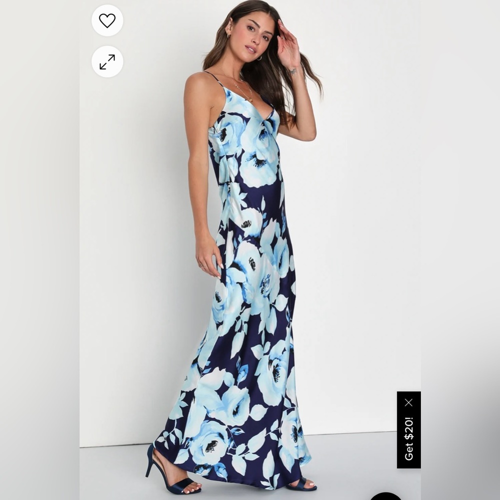 Lulus Blue Satin Floral Maxi Dress